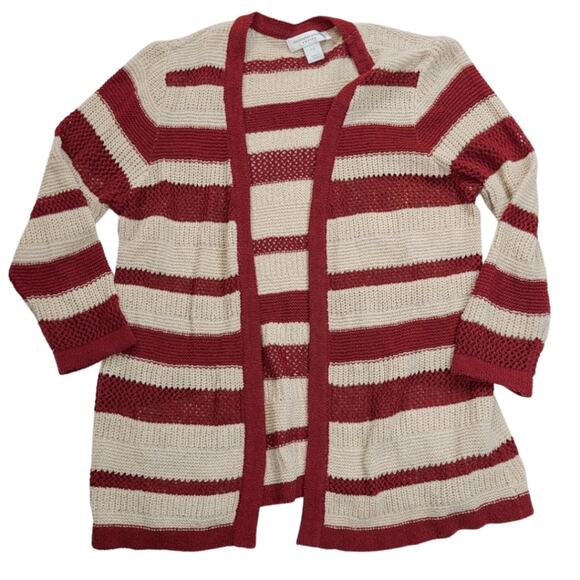 CARDIGAN Christopher & banks tan and burgandy knit striped open front small - Picture 1 of 7